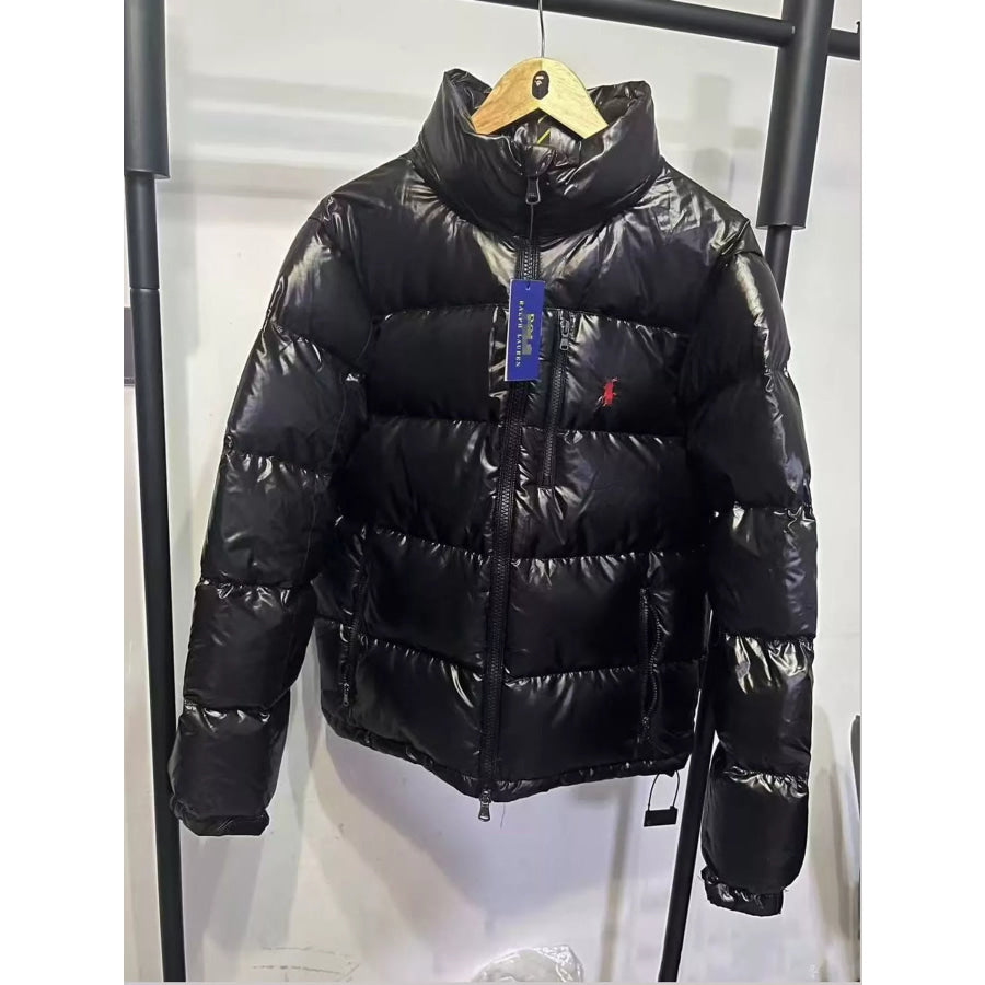 Men’s Zip Up Hooded Puffer Jacket Black-Glossy-8558 / S Apparel and Accessories