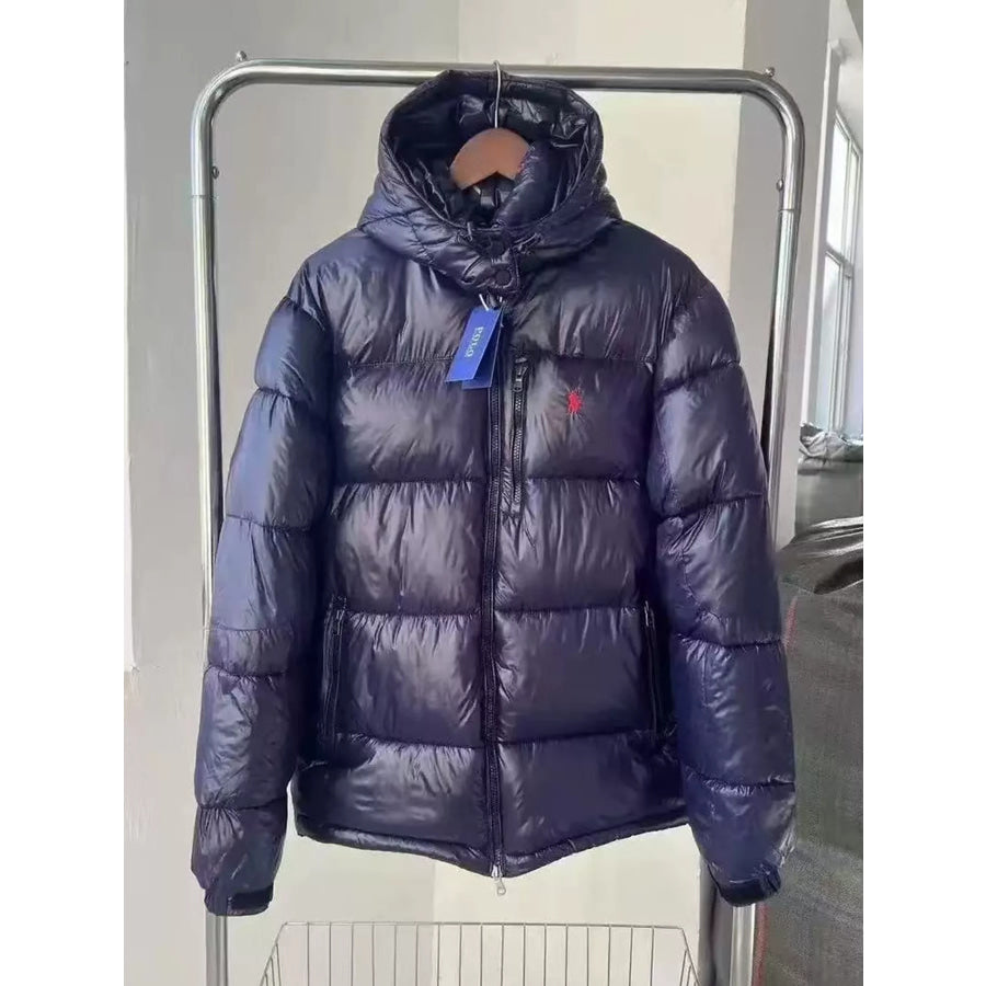 Men’s Zip Up Hooded Puffer Jacket Navy-Glossy-8558 / S Apparel and Accessories