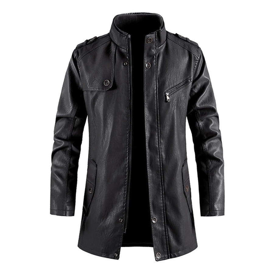 Men’s Zip Up Long Sleeve Leather Jacket Black / S Apparel and Accessories