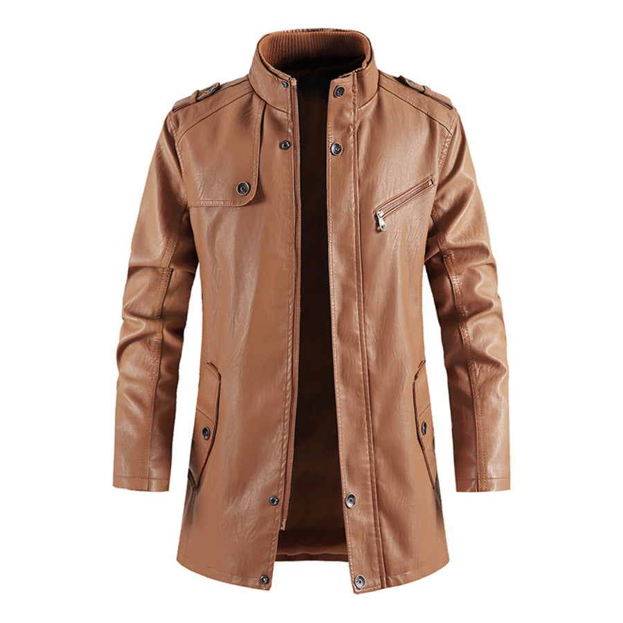 Men’s Zip Up Long Sleeve Leather Jacket Caramel / S Apparel and Accessories