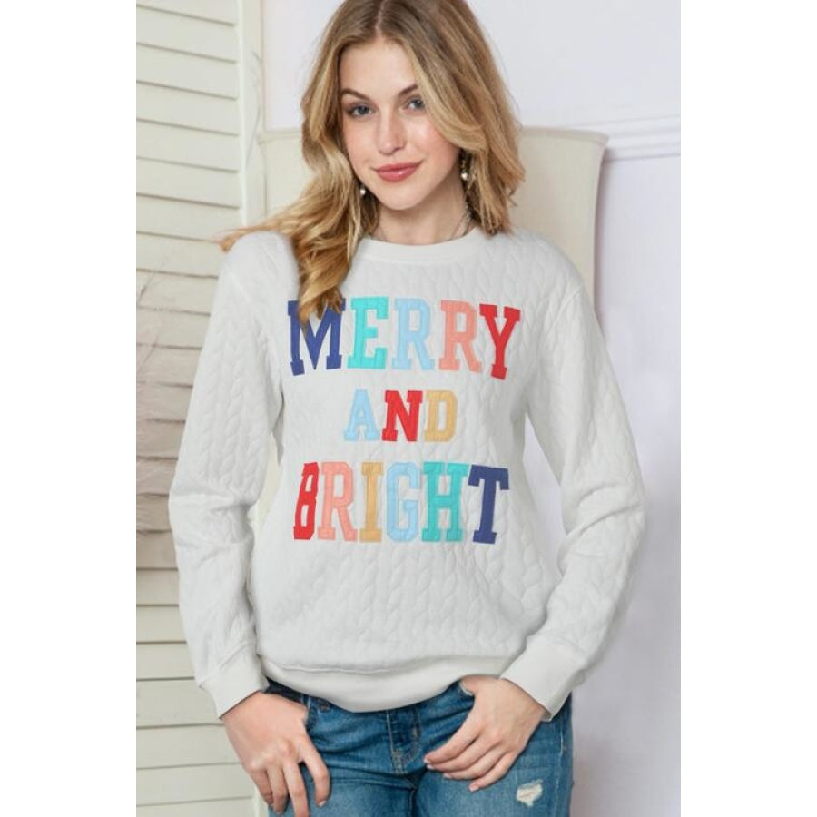 MERRY AND BRIGHT Cable Knit Pullover Sweatshirt White / S