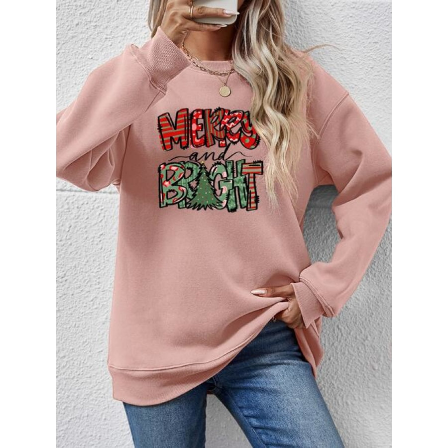 MERRY AND BRIGHT Long Sleeve Sweatshirt Blush Pink / S Women’s Fashion Clothing