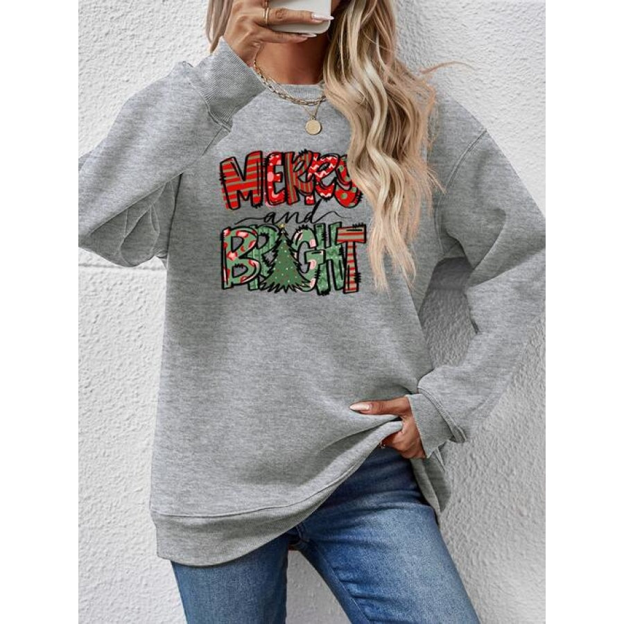 MERRY AND BRIGHT Long Sleeve Sweatshirt Charcoal / S Women’s Fashion Clothing