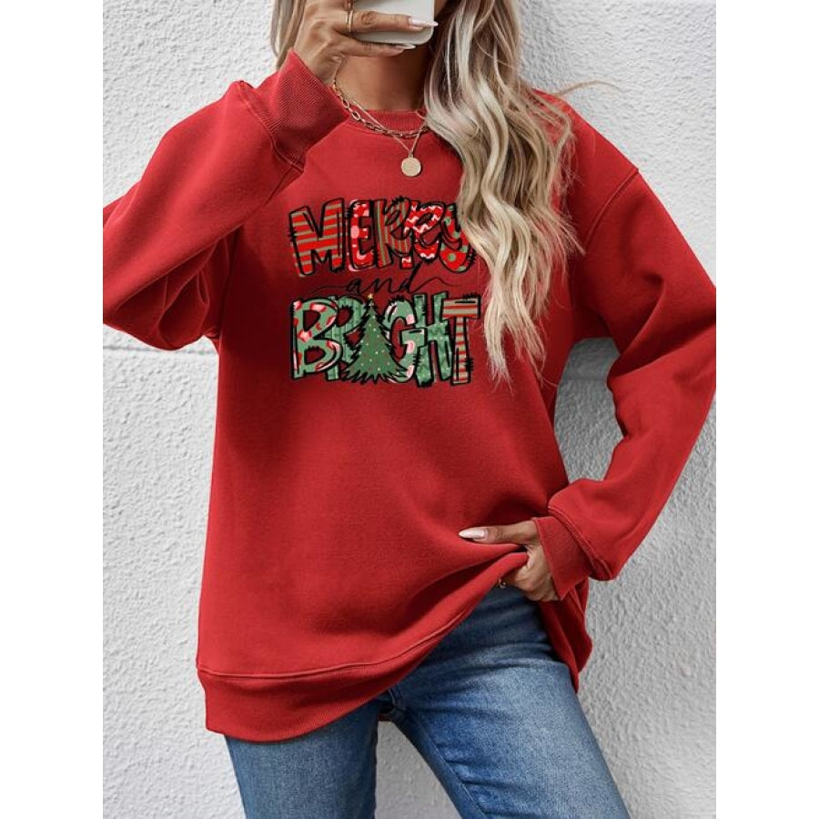 MERRY AND BRIGHT Long Sleeve Sweatshirt Deep Red / S Women’s Fashion Clothing