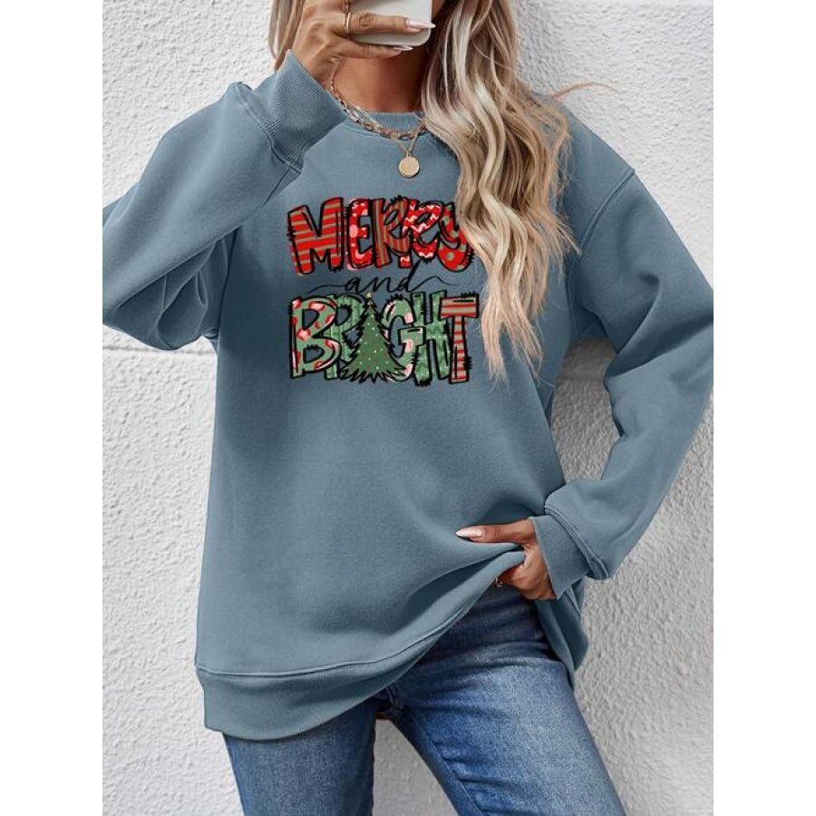 MERRY AND BRIGHT Long Sleeve Sweatshirt French Blue / S Women’s Fashion Clothing