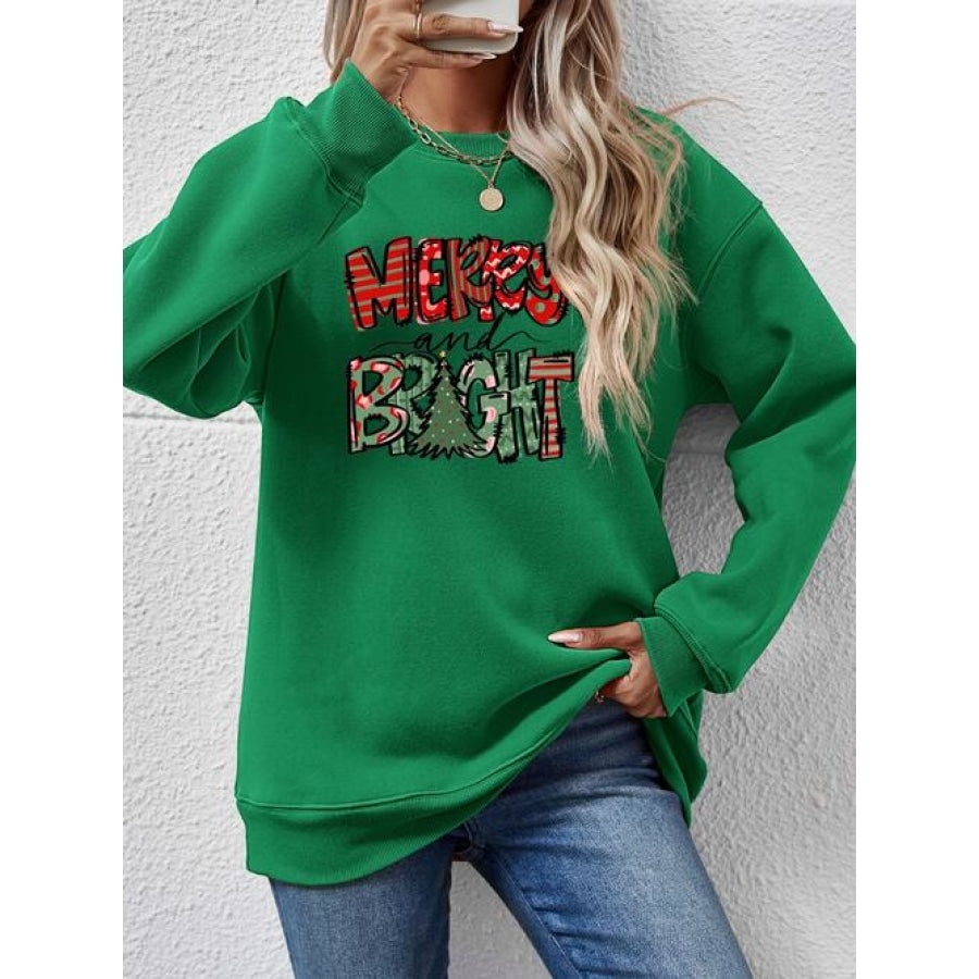 MERRY AND BRIGHT Long Sleeve Sweatshirt Green / S Women’s Fashion Clothing