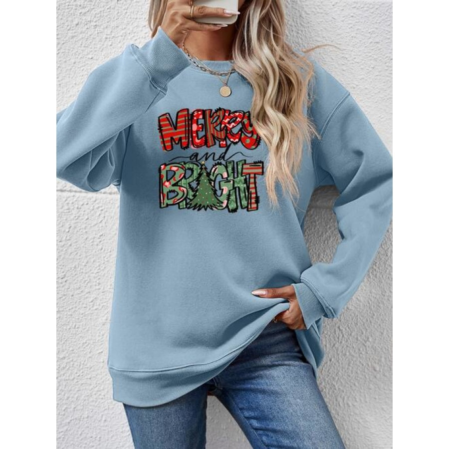 MERRY AND BRIGHT Long Sleeve Sweatshirt Misty Blue / S Women’s Fashion Clothing