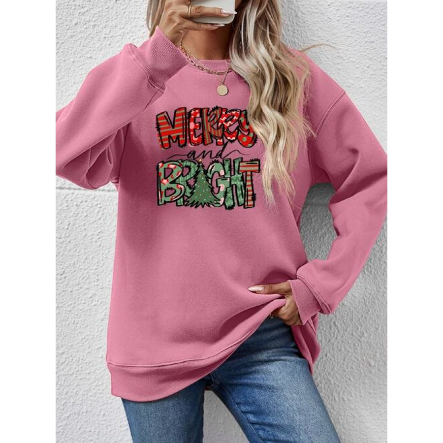 MERRY AND BRIGHT Long Sleeve Sweatshirt Moonlit Mauve / S Women’s Fashion Clothing