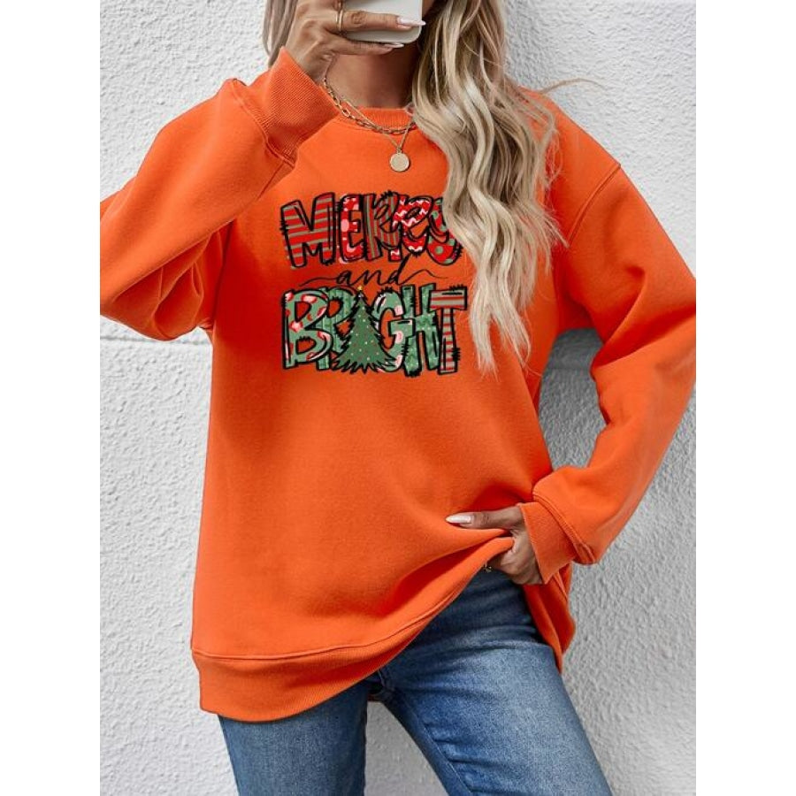 MERRY AND BRIGHT Long Sleeve Sweatshirt Pumpkin / S Women’s Fashion Clothing