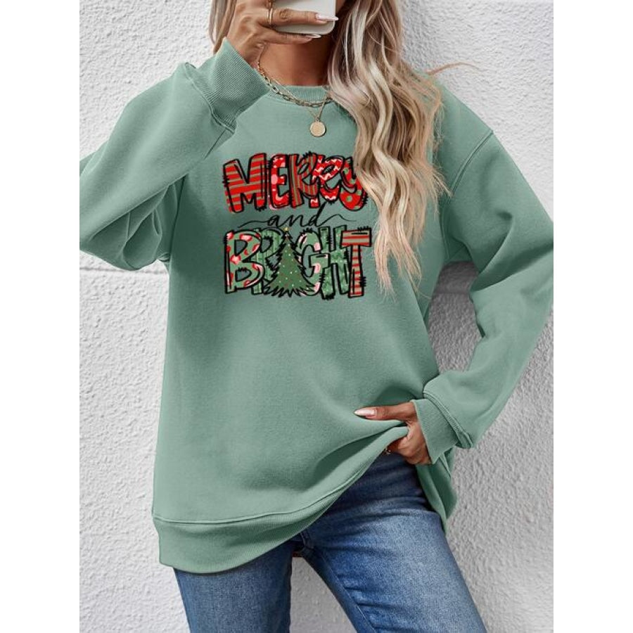 MERRY AND BRIGHT Long Sleeve Sweatshirt Sage / S Women’s Fashion Clothing