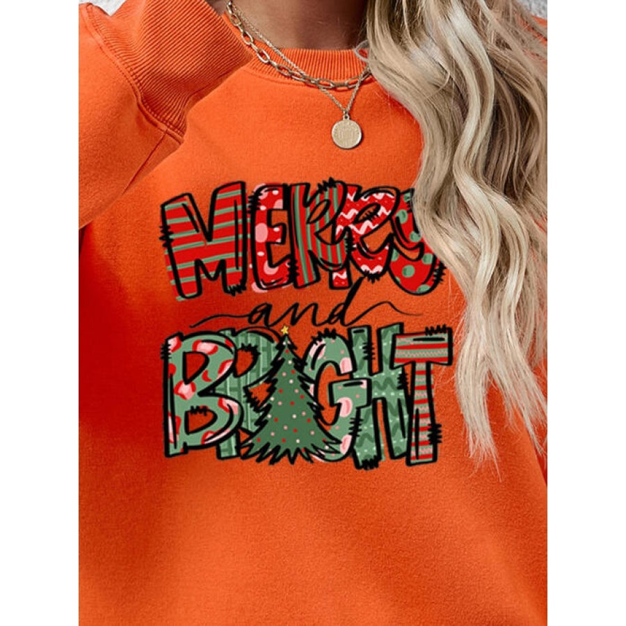 MERRY AND BRIGHT Long Sleeve Sweatshirt Women’s Fashion Clothing