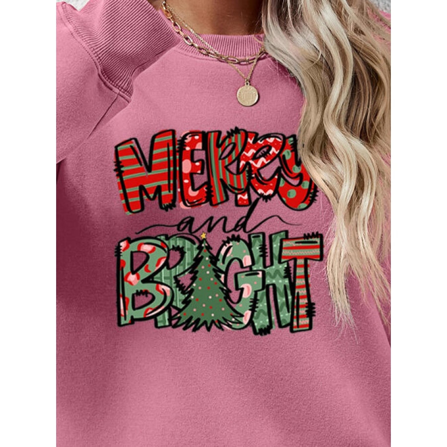 MERRY AND BRIGHT Long Sleeve Sweatshirt Women’s Fashion Clothing