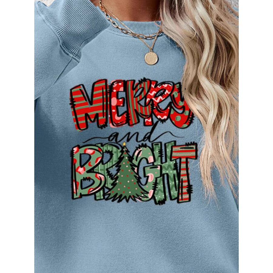 MERRY AND BRIGHT Long Sleeve Sweatshirt Women’s Fashion Clothing