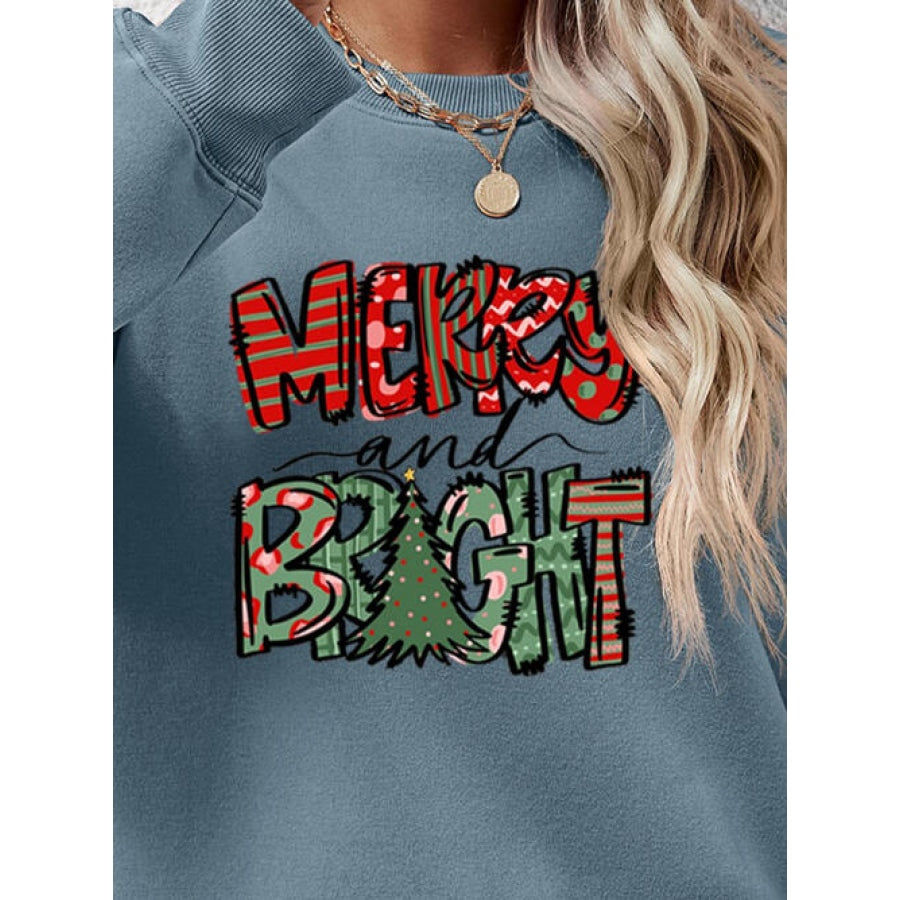 MERRY AND BRIGHT Long Sleeve Sweatshirt Women’s Fashion Clothing