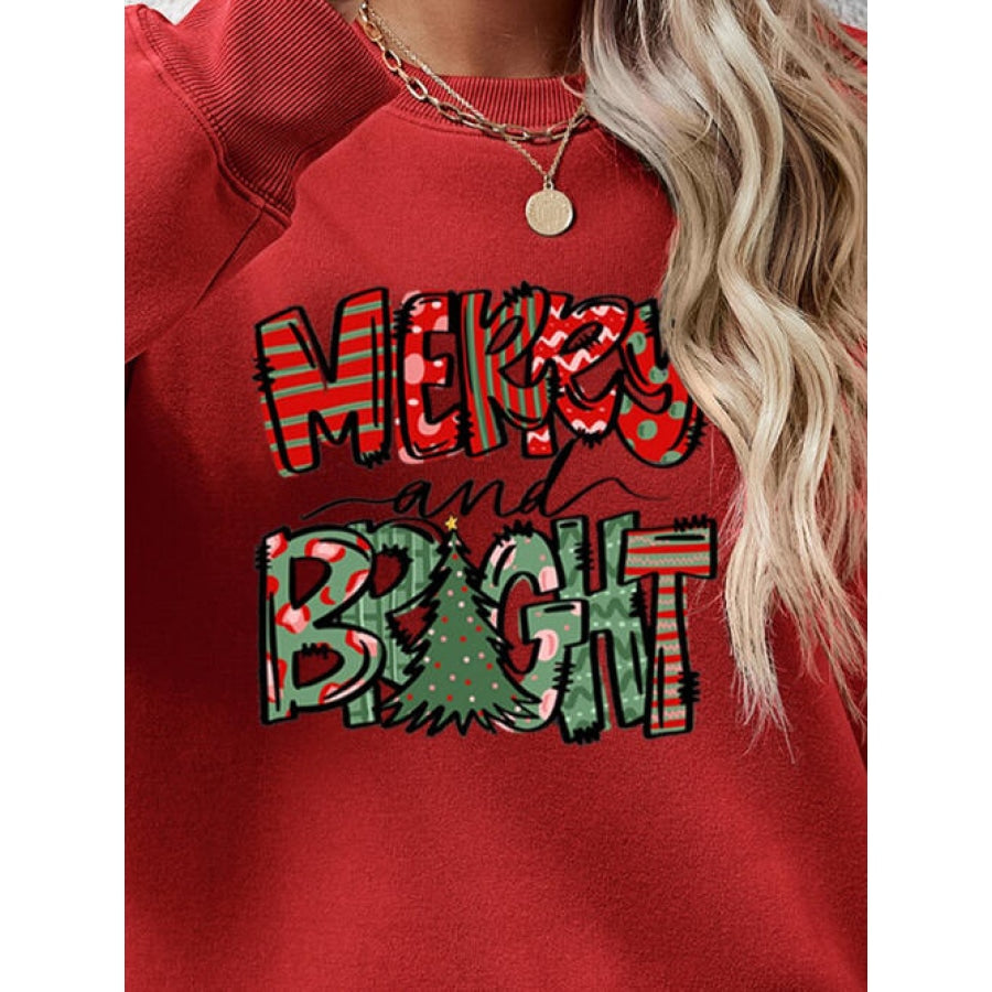 MERRY AND BRIGHT Long Sleeve Sweatshirt Women’s Fashion Clothing