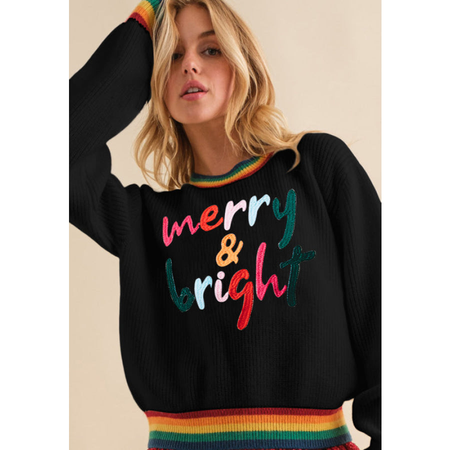 MERRY &amp; BRIGHT Ribbed Round Neck Sweater Apparel and Accessories