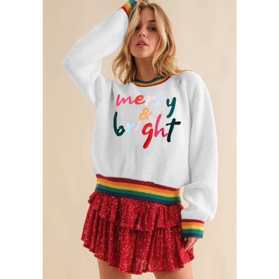 MERRY &amp; BRIGHT Ribbed Round Neck Sweater Apparel and Accessories