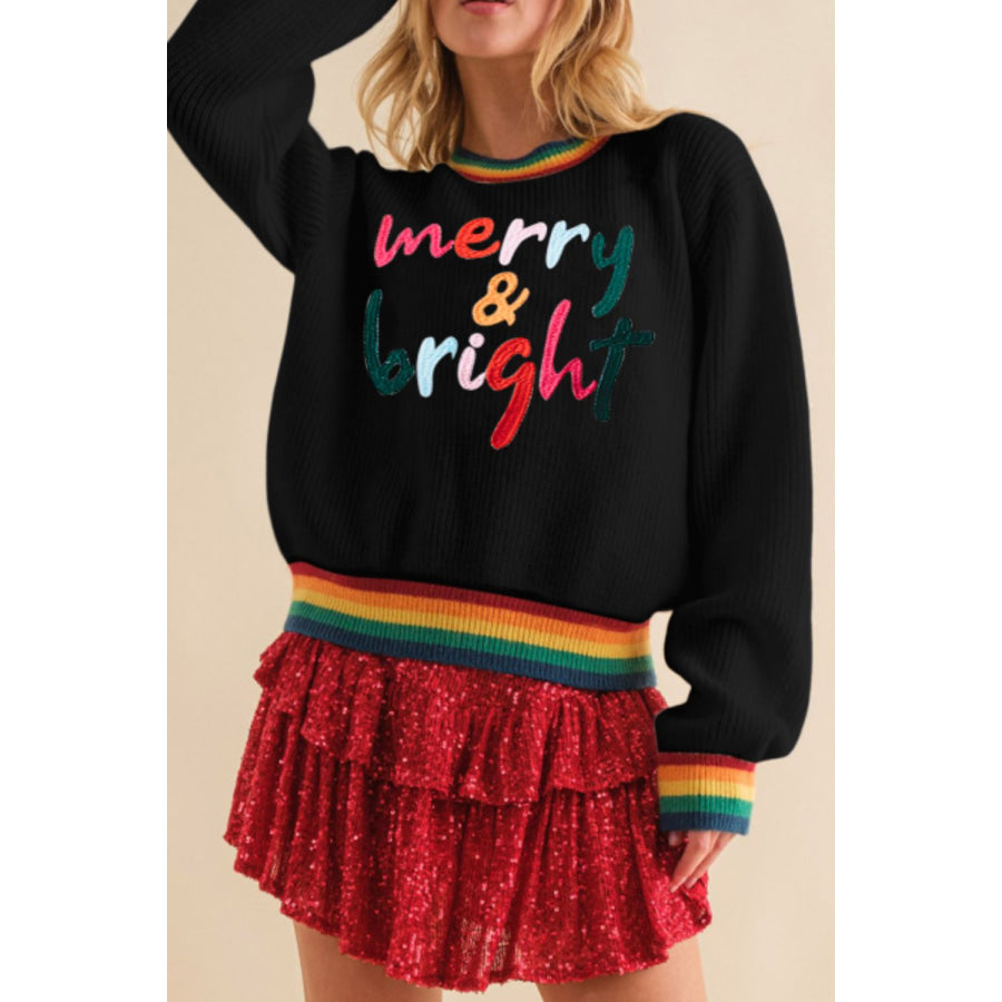 MERRY &amp; BRIGHT Ribbed Round Neck Sweater Black / S Apparel and Accessories