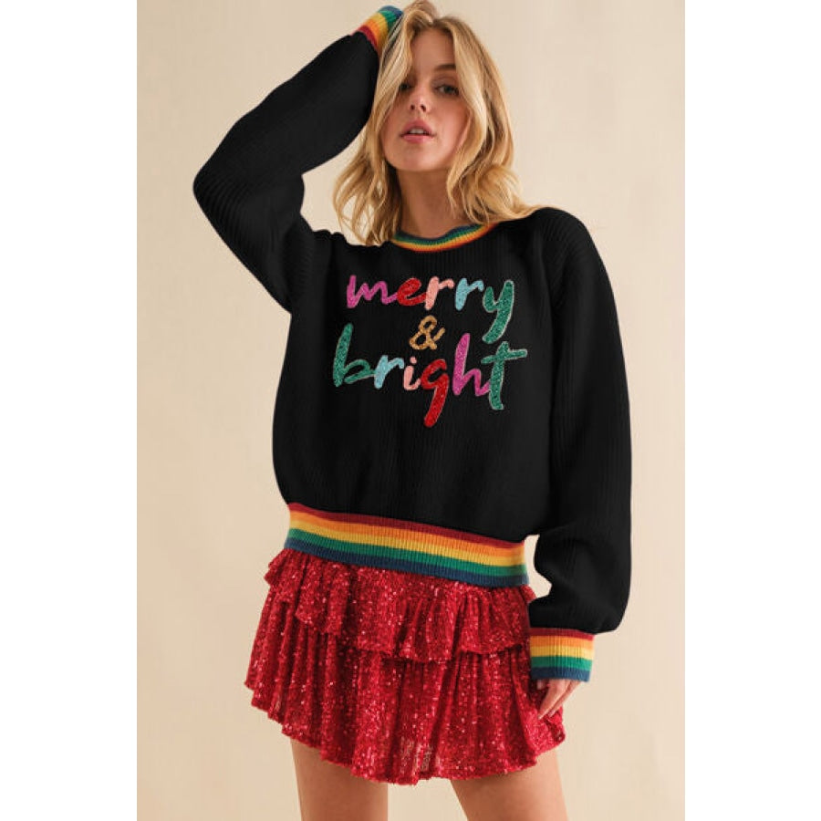 MERRY &amp; BRIGHT Ribbed Round Neck Sweater Black / S Clothing