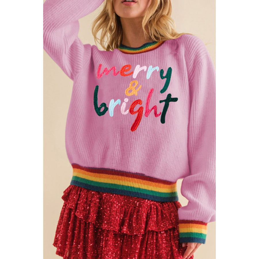 MERRY &amp; BRIGHT Ribbed Round Neck Sweater Pink / L Apparel and Accessories