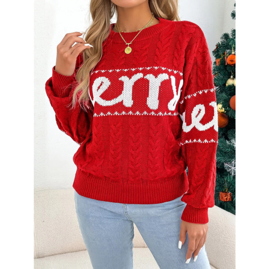 Merry Cable Knit Sweater Red / S Apparel and Accessories