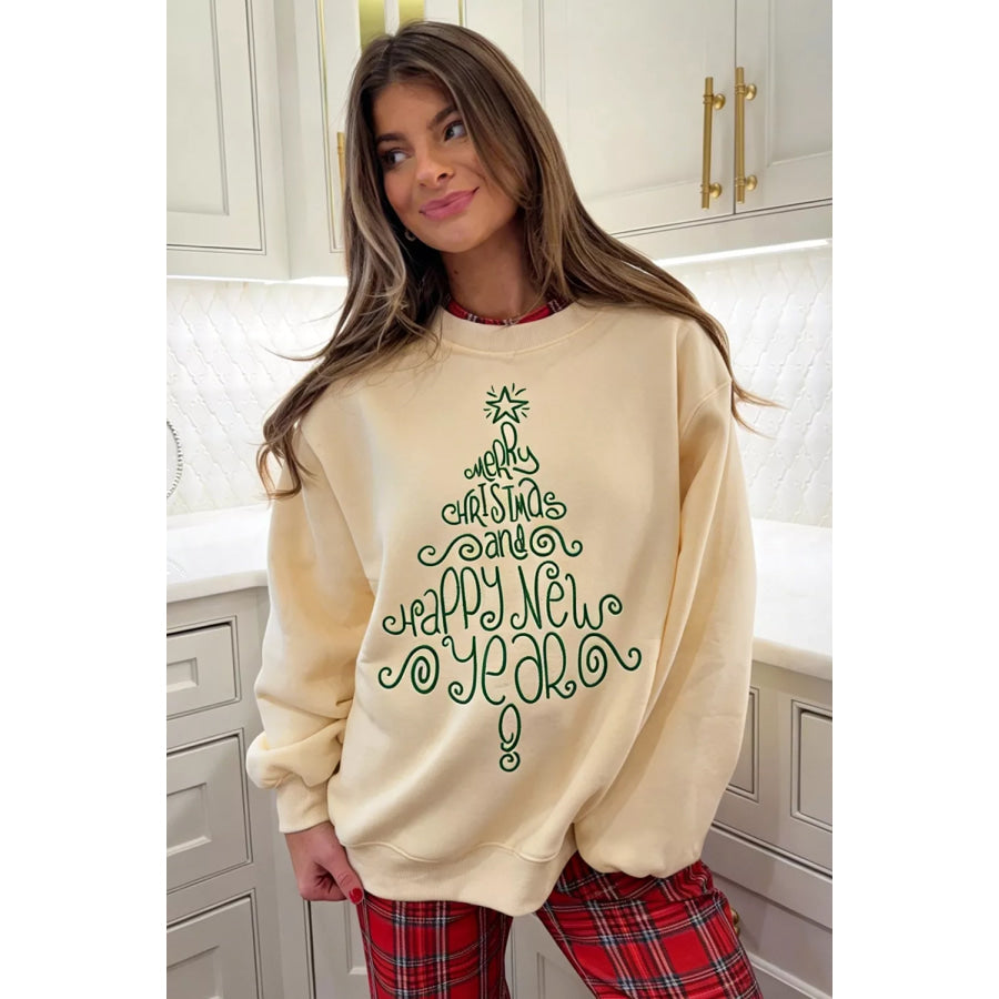 Merry Christmas and Happy New Year Embroidered Holiday Slogan Sweatshirt Apparel Accessories