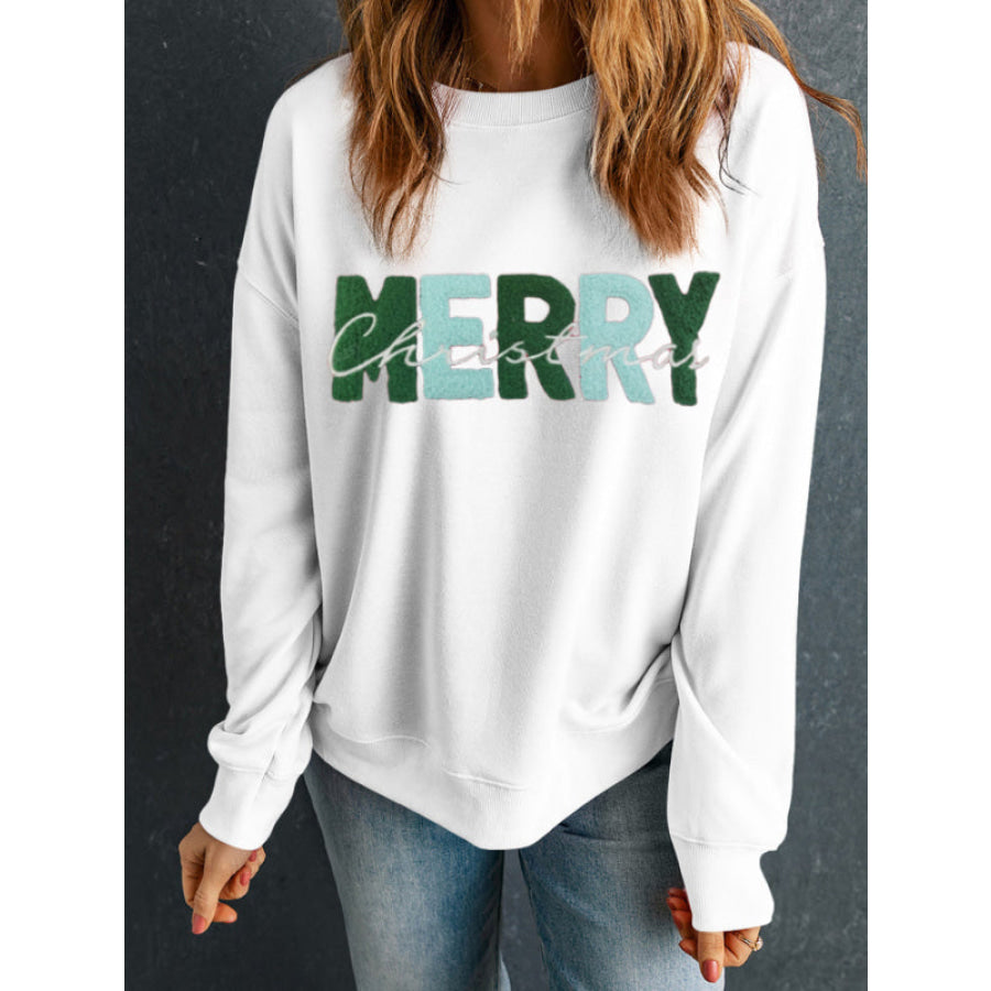 MERRY CHRISTMAS Contrast Long Sleeve Sweatshirt White / S Apparel and Accessories