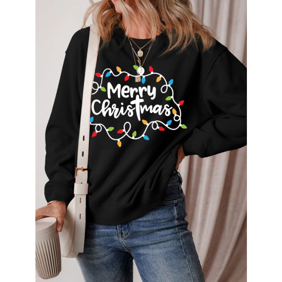 MERRY CHRISTMAS Dropped Shoulder Long Sleeve Sweatshirt Black / S Apparel and Accessories