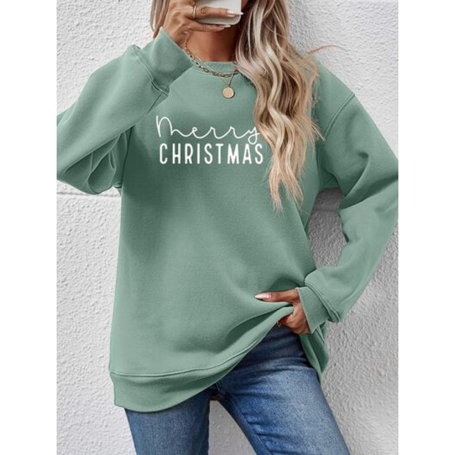 MERRY CHRISTMAS Dropped Shoulder Sweatshirt Sage / S Clothing