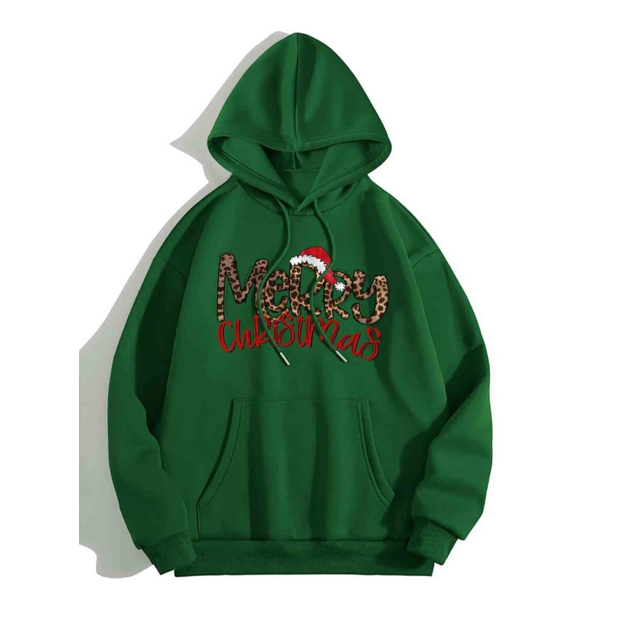 MERRY CHRISTMAS Graphic Drawstring Hoodie Green / S
