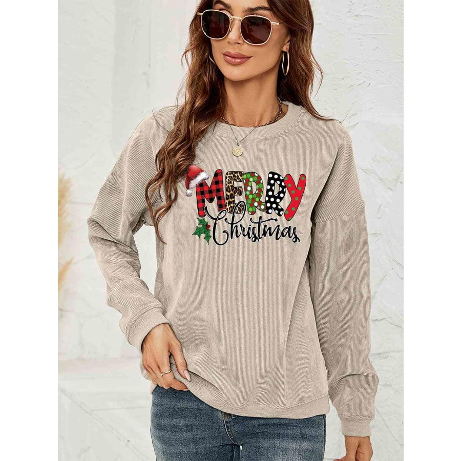 MERRY CHRISTMAS Graphic Sweatshirt Beige / S