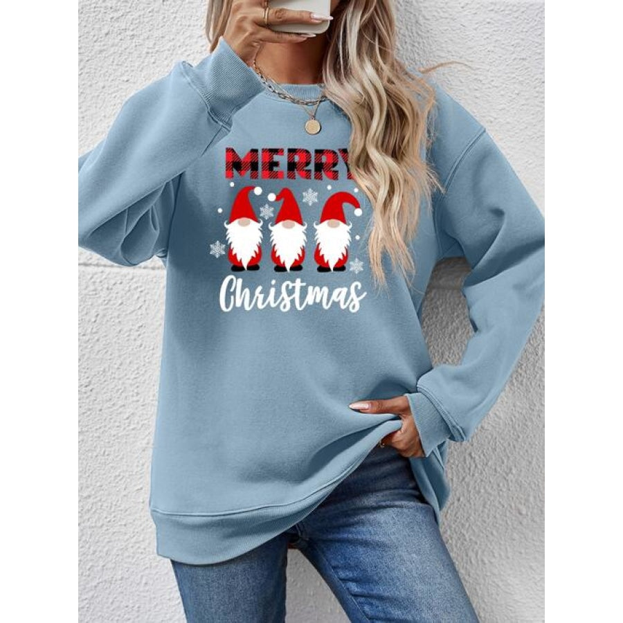 MERRY CHRISTMAS Long Sleeve Sweatshirt Misty Blue / S Women’s Fashion Clothing