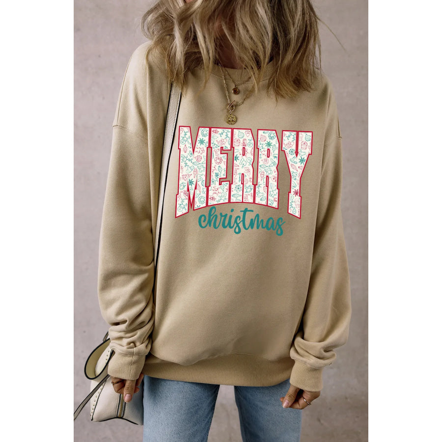 MERRY CHRISTMAS Round Neck Long Sleeve Sweatshirt Khaki / S Apparel and Accessories