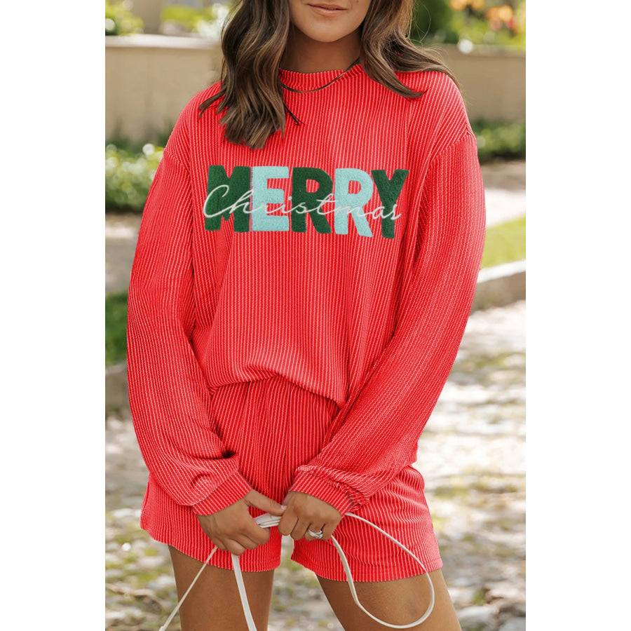 MERRY CHRISTMAS Round Neck Long Sleeve Top and Shorts Set Orange-Red / S Apparel and Accessories