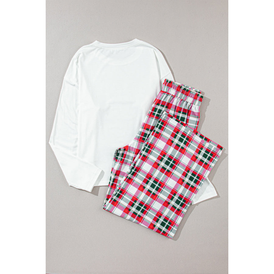 MERRY CHRISTMAS Round Neck Top and Plaid Pants Set Apparel and Accessories