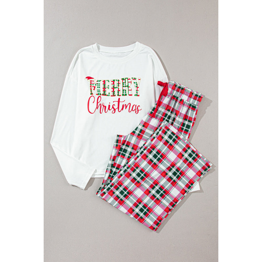 MERRY CHRISTMAS Round Neck Top and Plaid Pants Set Apparel and Accessories