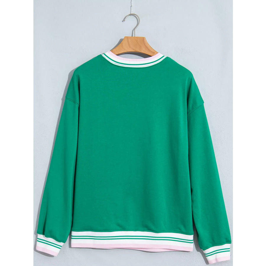 Merry Holiday Graphic Striped Trim Crew Neck Sweatshirt Apparel and Accessories