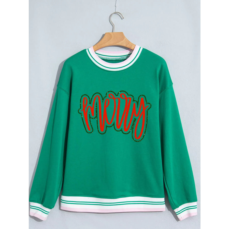 Merry Holiday Graphic Striped Trim Crew Neck Sweatshirt Apparel and Accessories