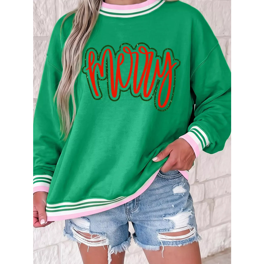 Merry Holiday Graphic Striped Trim Crew Neck Sweatshirt Green / S Apparel and Accessories
