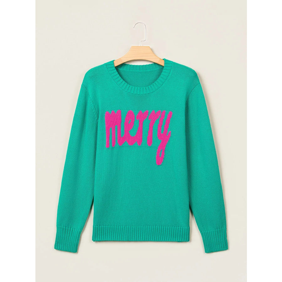 Merry Print Ribbed Trim Round Neck Loose Fit Sweater Apparel and Accessories