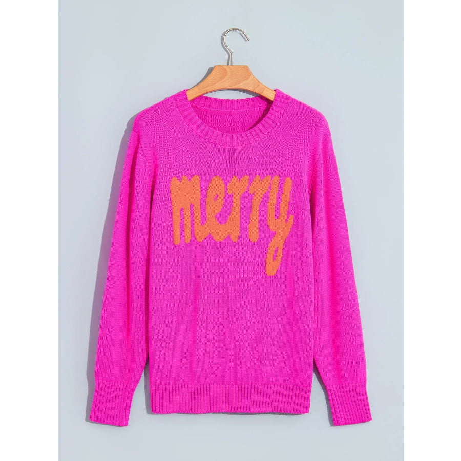 Merry Print Ribbed Trim Round Neck Loose Fit Sweater Apparel and Accessories