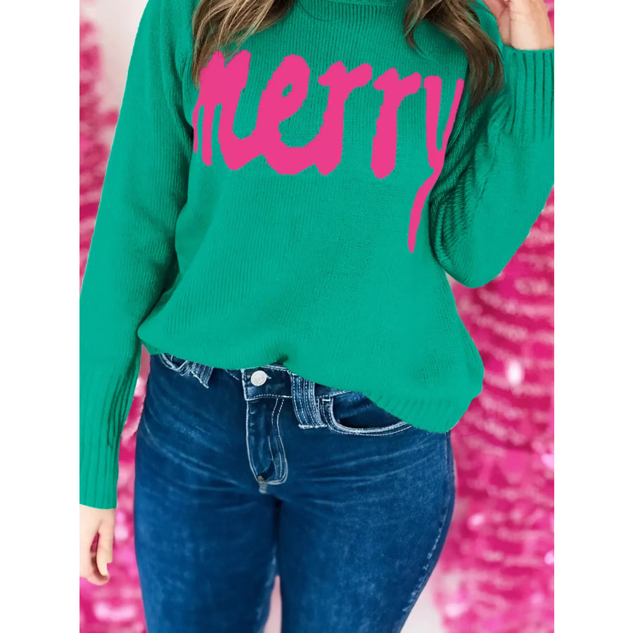 Merry Print Ribbed Trim Round Neck Loose Fit Sweater Apparel and Accessories