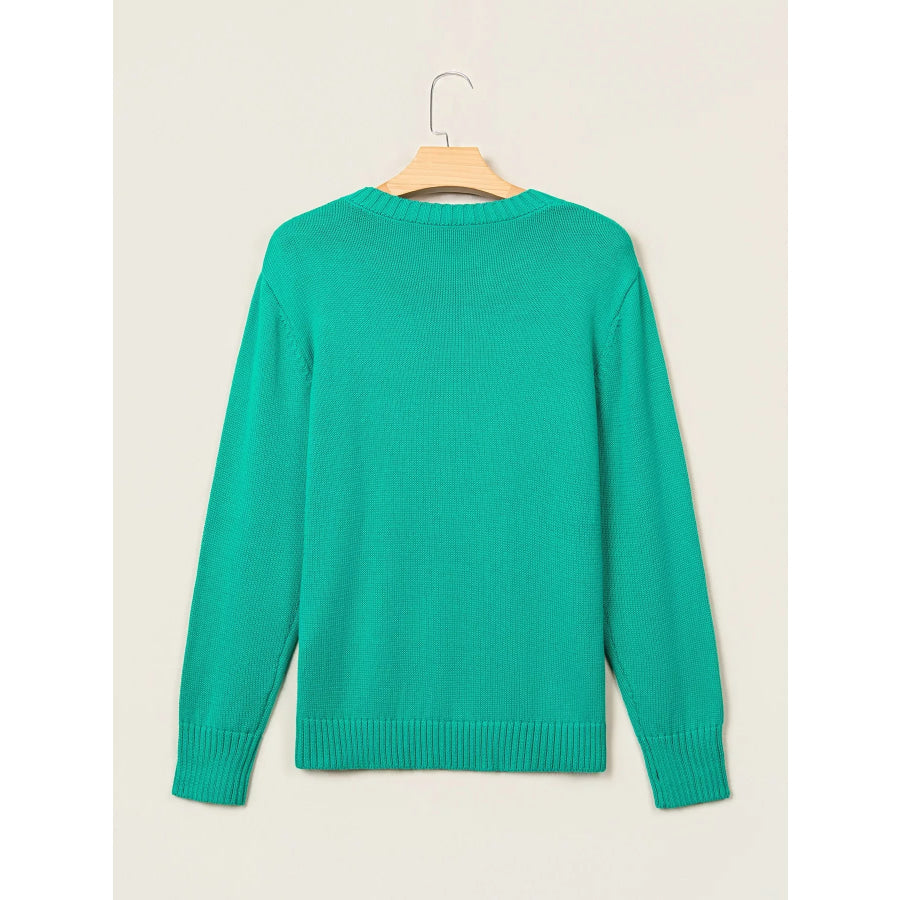 Merry Print Ribbed Trim Round Neck Loose Fit Sweater Apparel and Accessories