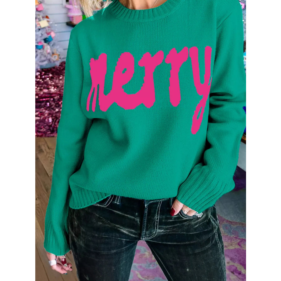 Merry Print Ribbed Trim Round Neck Loose Fit Sweater Apparel and Accessories