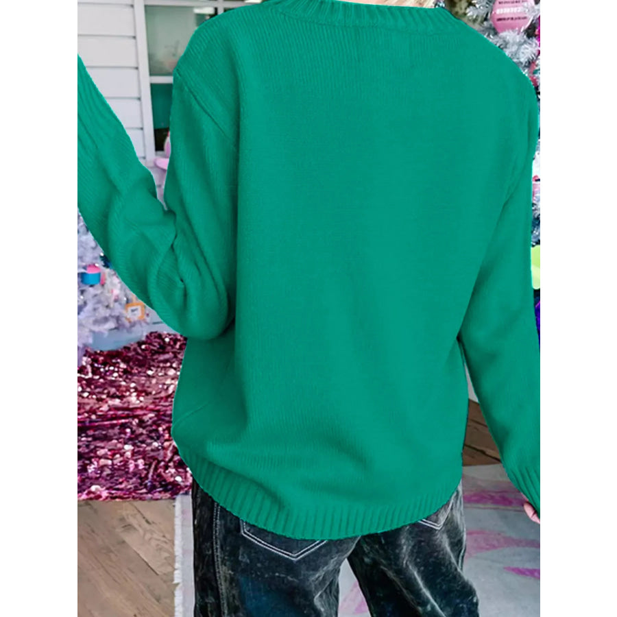 Merry Print Ribbed Trim Round Neck Loose Fit Sweater Apparel and Accessories