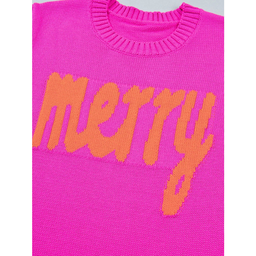Merry Print Ribbed Trim Round Neck Loose Fit Sweater Apparel and Accessories