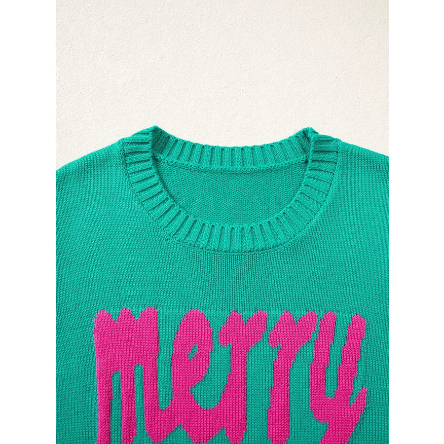 Merry Print Ribbed Trim Round Neck Loose Fit Sweater Apparel and Accessories