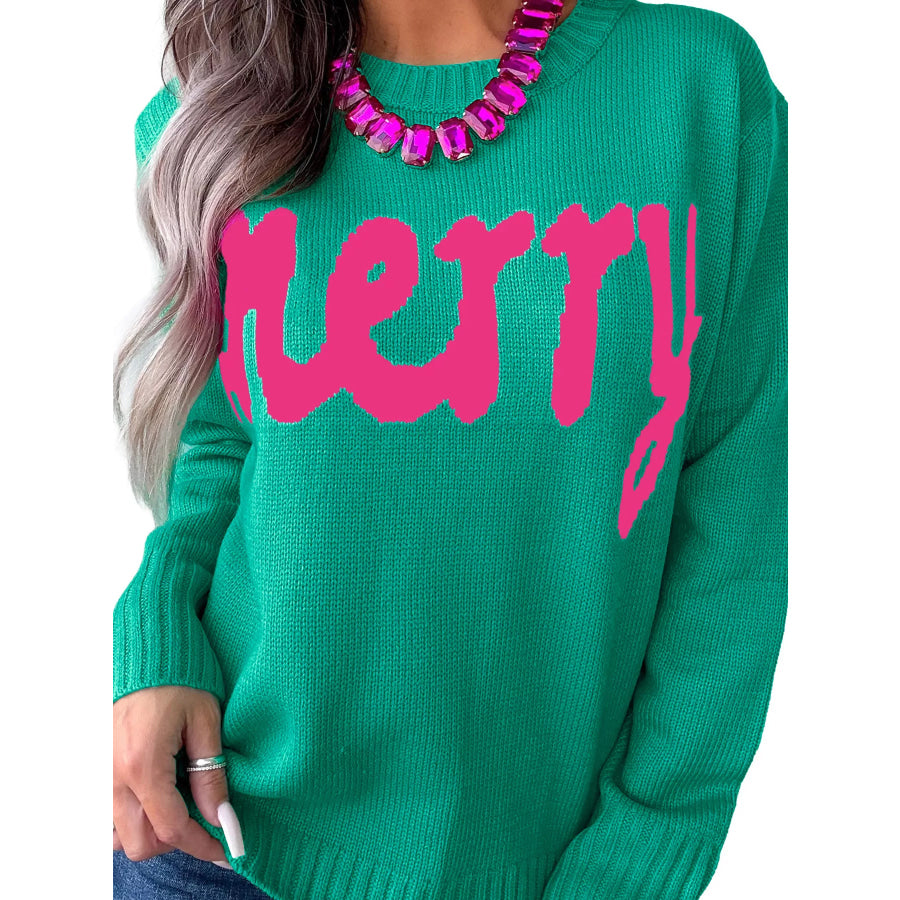 Merry Print Ribbed Trim Round Neck Loose Fit Sweater Apparel and Accessories