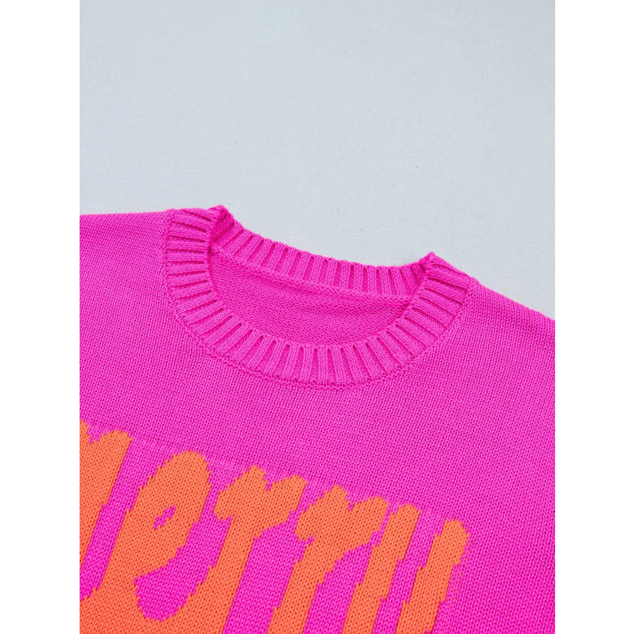 Merry Print Ribbed Trim Round Neck Loose Fit Sweater Apparel and Accessories