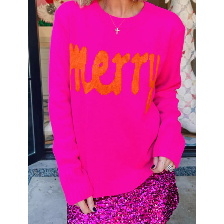 Merry Print Ribbed Trim Round Neck Loose Fit Sweater Apparel and Accessories